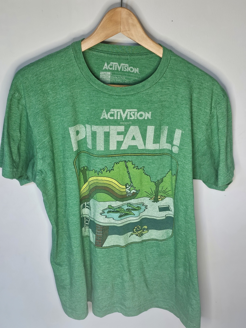 Activision Pitfall Retro Video Game Graphic Tee Green Men's L 80s Gaming Atari